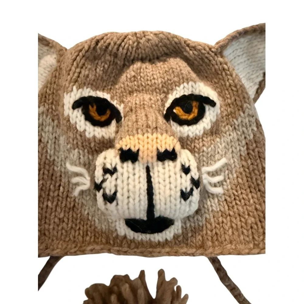 Vive Bien Hand Knit Wild Cat Trapper Hat RETIRED 100% Wool Fleece Lined Ecuador